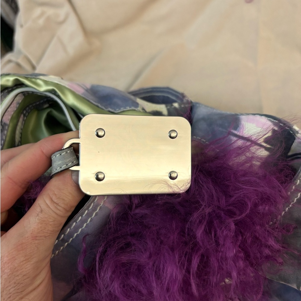 B. Makowsky Tie Dye Leather Mini Satchel Tote Bag Purple Fur Accent - Picture 7 of 10